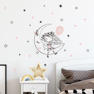 Adesivo da Parete a Cartoni Ragazza Luna Palloncino Rosa Stella PVC Removibile Fai da Te per Camera dei Bambini