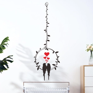 Minimalist love birds wall sticker with red hearts on white wall for home decor
