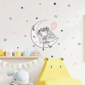 Adesivo murale ragazza sulla luna con palloncini rosa e stelle per cameretta bimbi