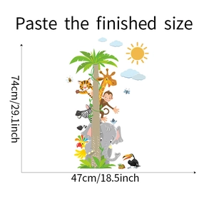 Finished size dimensions for cartoon jungle animal wall stickers featuring giraffe and elephant