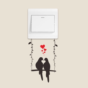 Cartoon love birds on swing wall sticker with red hearts for light switch decor