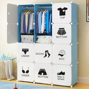 Modular wardrobe with blue and white storage panels featuring icons for clothes organization