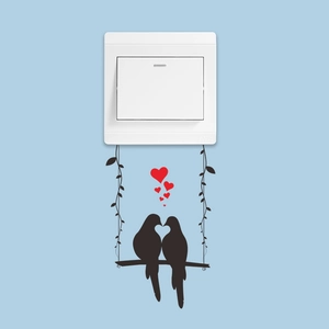 Cartoon birds on swing wall sticker with red hearts for romantic home switch decoration