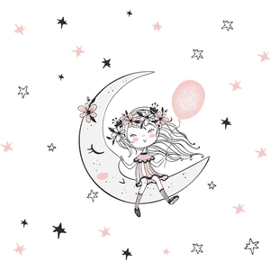 Adesivo murale con ragazza su luna bianca e stelle per decorazione cameretta