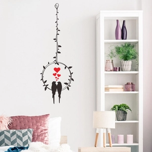 Minimalist black bird silhouettes on vine wreath wall sticker with red hearts home decor