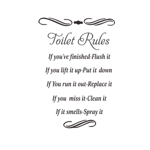 Minimalist Toilet Rules wall sticker featuring black typography for home decor