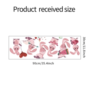 Detailed sheet layout of pink cartoon rabbit wall stickers with balloons and flowers