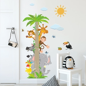 Cartoon animal wall stickers featuring a large palm tree with elephant and giraffe for nursery