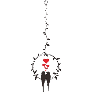 Minimalist wall decal with two black birds, red hearts, and leaves in circular vine frame