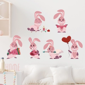 Cartoon pink rabbits wall stickers set with hearts and balloons for home wall decoration