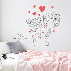 Sticker Mural Couple Dessin Animé Baiser Saint-Valentin PVC Décalcomanie Cœur Romantique Pour Chambre Salon Décoration Maison