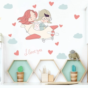 Adesivo murale aeroplano cartoon con cuori e scritta I love you per cameretta