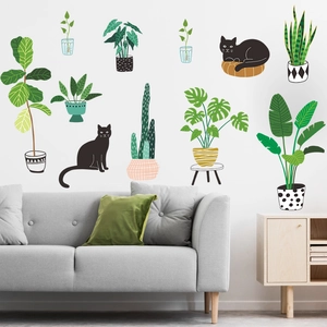 Stickers Muraux Plantes Tropicales en Pot PVC Chat Noir Feuilles Vertes Décalcomanies Murales Amovibles Pour Salon Chambre Décor