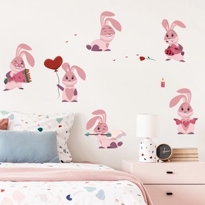 Cute cartoon rabbit wall stickers with hearts and flowers for Valentines home decoration