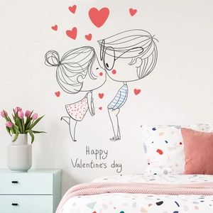 Sticker mural couple bisou avec cœurs rouges et texte Happy Valentine's Day