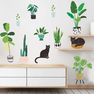 Stickers muraux de plantes tropicales en pot et chats noirs pour décoration d'intérieur