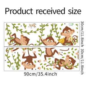 Detailed sheet dimensions of cartoon monkey and vine wall stickers for kids rooms