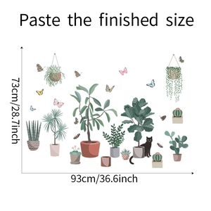 Detail view showing finished size of potted plants and cat wall stickers at 93x73cm