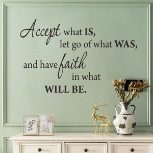 Inspirational English quotes wall decal for home decor over a vintage white cabinet