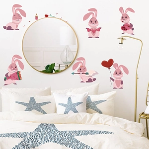Cartoon rabbit wall stickers with hearts and flowers for Valentine bedroom decoration
