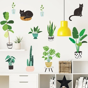 Stickers muraux plantes tropicales et chats noirs pour une décoration intérieure nordique