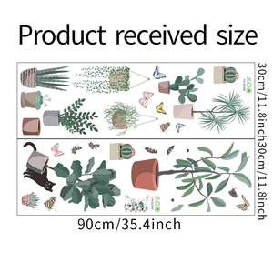Detailed size chart for cat and potted plant wall stickers measuring 30x90cm in two parts