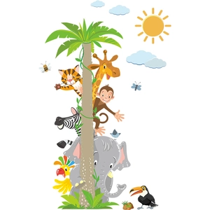 Cartoon jungle animal wall decals with giraffe elephant and palm tree for nursery