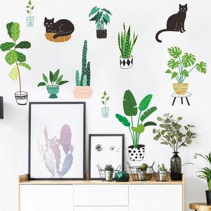 Stickers muraux plantes tropicales et chats noirs pour décoration d'intérieur