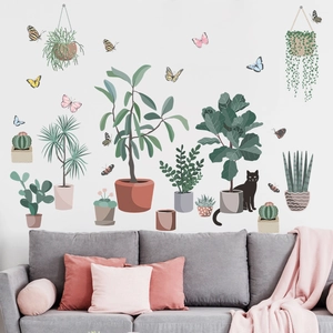 Self-adhesive wall sticker featuring potted plants and cat for living room decoration