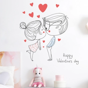 Sticker mural baiser de couple dessin animé avec cœurs rouges pour déco Saint-Valentin