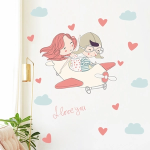 Adesivo Murale Coppia Cartoon Aereo Cuore PVC Decalcomania Decorativa Per Cameretta Camera San Valentino Decorazione FX-E128