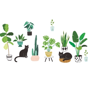 Stickers muraux de plantes tropicales et chats noirs peints à la main pour décoration d'intérieur