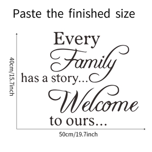 Detail view of Family Story wall sticker showing 50x40cm size dimensions and text