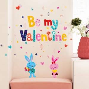 Valentine Day Cartoon Bunny Wall Sticker Be My Valentine Heart PVC Removable DIY Home Decor For Bedroom Living Room