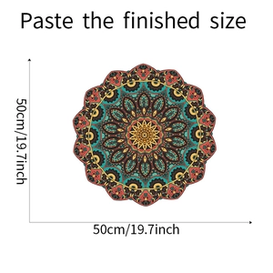 Detail of colorful ethnic mandala wall sticker showing 50x50cm finished size layout