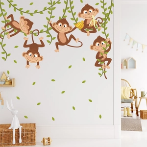 Cartoon monkeys playing on vines wall decals for nursery room and kids home decor