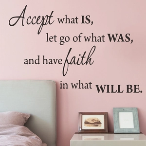 Motivational wall decal with 'Accept what IS' quote on a pink bedroom wall background