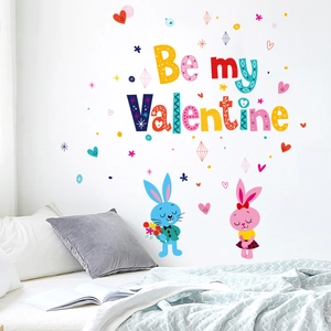 Be My Valentine wall sticker with cute cartoon rabbits for cozy bedroom wall decoration
