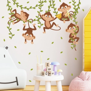 Cartoon monkeys on green vines wall decal for kids nursery and playroom decoration