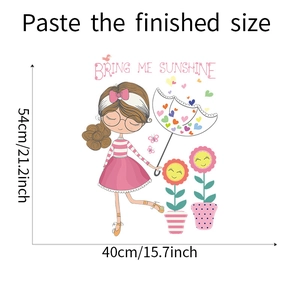 Dimensions détaillées du sticker mural fille et tournesol affichant la taille de 40x54cm