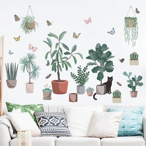 Self-adhesive wall stickers with potted plants, butterflies, and a black cat for home decor