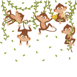Cartoon monkey wall stickers with vines and leaves for nursery and kids room decor