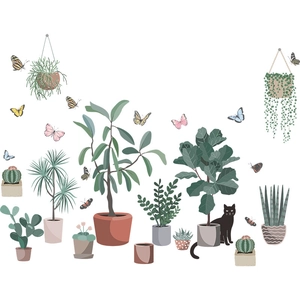 Modern potted plants and black cat wall stickers in Nordic minimalist Morandi style
