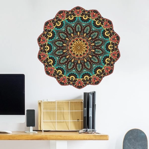 Close-up of mandala wall sticker with colorful geometric patterns in office setting