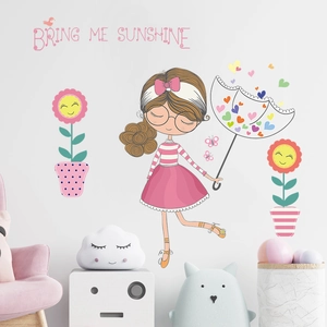 Autocollant Mural Fille Dessin Animé Avec Parapluie Cœur Tournesol Bring Me Sunshine PVC DIY Décalcomanie Pour Chambre Enfant
