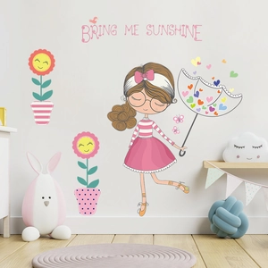 Vue détaillée de stickers muraux avec fille de dessin animé et tournesols pour enfants