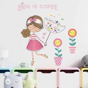 Sticker mural fille de dessin animé et fleurs pour chambre d'enfant et décoration