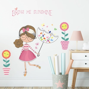 Stickers muraux petite fille avec parapluie et tournesols pour chambre d'enfant
