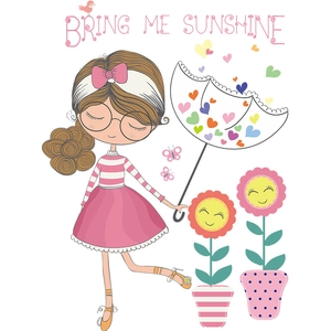 Sticker mural fille de dessin animé avec parapluie à cœurs pour chambre d'enfant