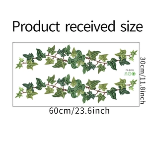 Detailed sheet layout of green ivy leaf wall stickers with 60x30cm size dimensions